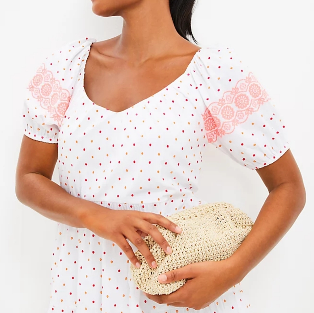 LOFT dotted embroidered v neck tiered swing mini dress, xs, white - Picture 2 of 11
